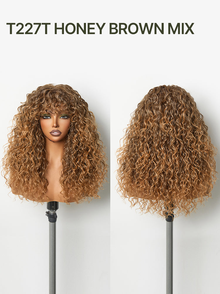 Doncill Veralux™ Blend Human Hair Boho Curly Wig with Bangs Effortless Shaggy Waves Put on and Go