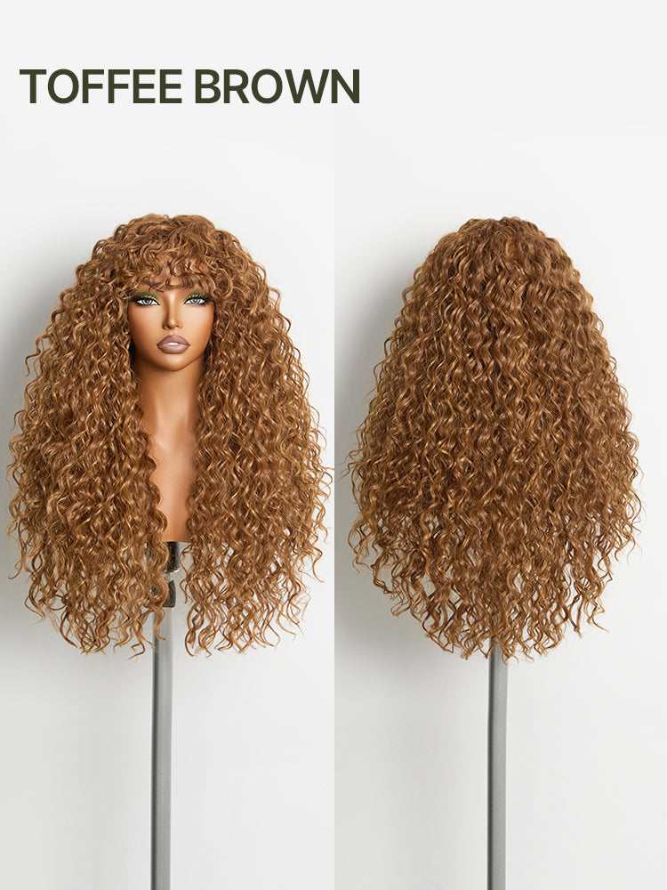 Doncill Veralux™ Blend Human Hair Boho Curly Wig with Bangs Effortless Shaggy Waves Put on and Go