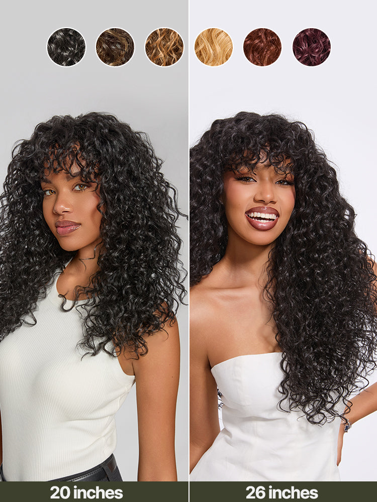 Doncill Veralux™ Blend Human Hair Boho Curly Wig with Bangs Effortless Shaggy Waves Put on and Go