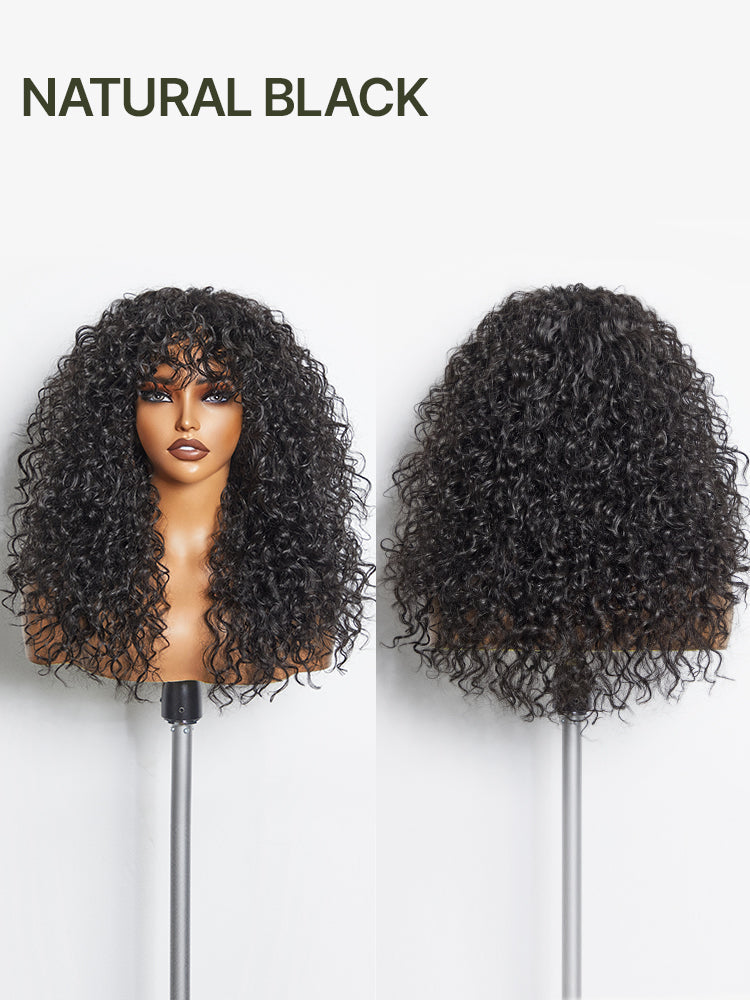 Doncill Veralux™ Blend Human Hair Boho Curly Wig with Bangs Effortless Shaggy Waves Put on and Go