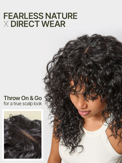 Doncill Veralux™ Blend Human Hair Boho Curly Wig with Bangs Effortless Shaggy Waves Put on and Go