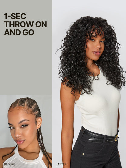 Doncill Veralux™ Blend Human Hair Boho Curly Wig with Bangs Effortless Shaggy Waves Put on and Go