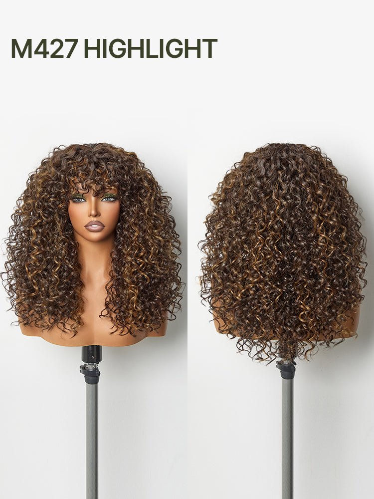 Doncill Veralux™ Blend Human Hair Boho Curly Wig with Bangs Effortless Shaggy Waves Put on and Go