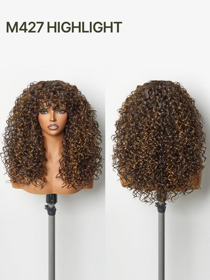Doncill Veralux™ Blend Human Hair Boho Curly Wig with Bangs Effortless Shaggy Waves Put on and Go