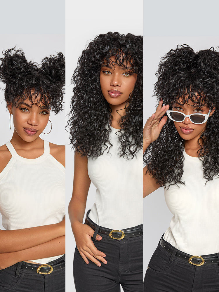 Doncill Veralux™ Blend Human Hair Boho Curly Wig with Bangs Effortless Shaggy Waves Put on and Go