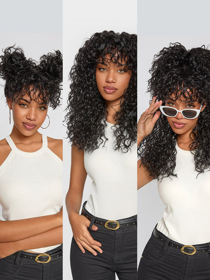 Doncill Veralux™ Blend Human Hair Boho Curly Wig with Bangs Effortless Shaggy Waves Put on and Go