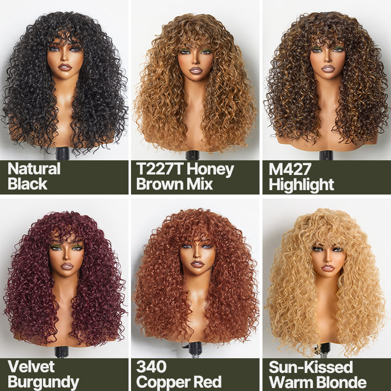 Doncill Veralux™ Blend Human Hair Boho Curly Wig with Bangs Effortless Shaggy Waves Put on and Go