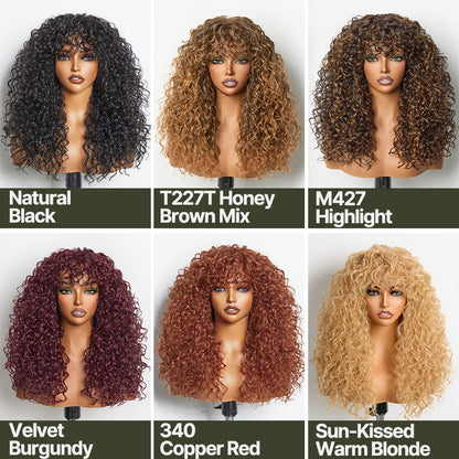 Doncill Veralux™ Blend Human Hair Boho Curly Wig with Bangs Effortless Shaggy Waves Put on and Go