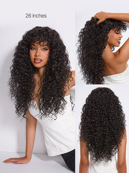 Doncill Veralux™ Blend Human Hair Boho Curly Wig with Bangs Effortless Shaggy Waves Put on and Go