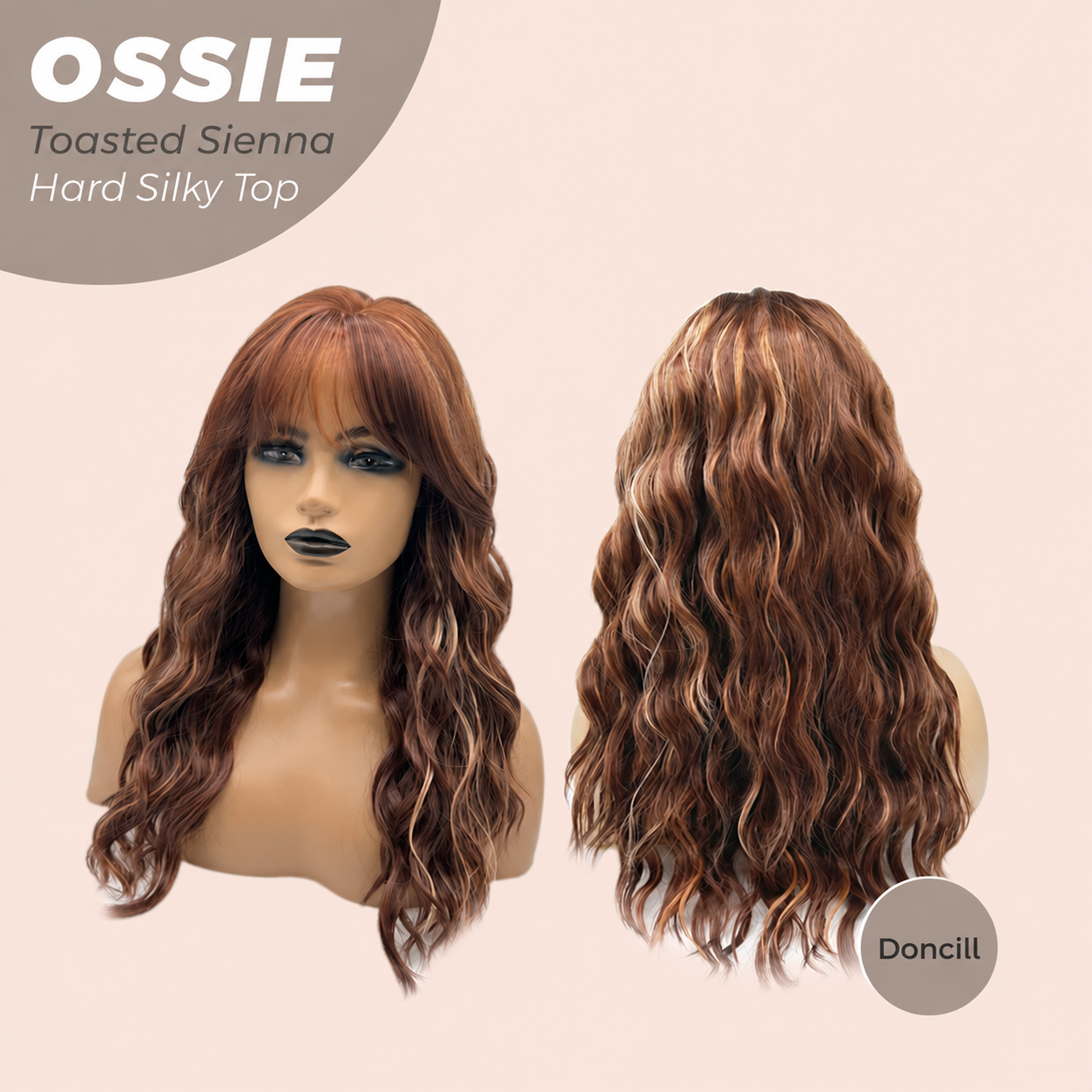 Doncill 22 Inches Scalpiana Long Wave Toasted Sienna 3.5X4 Hard Silky Top Natural Scalp Effect Wig with Bangs OSSIE TOASTED SIENNA