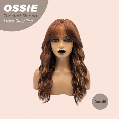 Doncill 22 Inches Scalpiana Long Wave Toasted Sienna 3.5X4 Hard Silky Top Natural Scalp Effect Wig with Bangs OSSIE TOASTED SIENNA