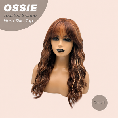 Doncill 22 Inches Scalpiana Long Wave Toasted Sienna 3.5X4 Hard Silky Top Natural Scalp Effect Wig with Bangs OSSIE TOASTED SIENNA