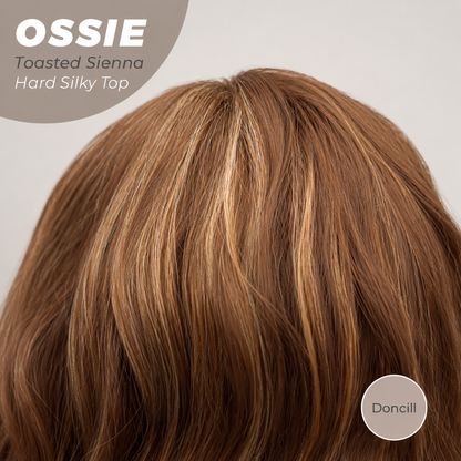 Doncill 22 Inches Scalpiana Long Wave Toasted Sienna 3.5X4 Hard Silky Top Natural Scalp Effect Wig with Bangs OSSIE TOASTED SIENNA