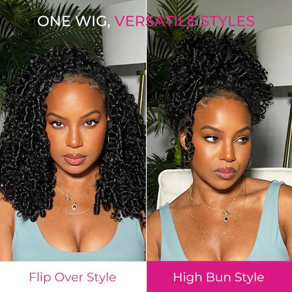 Invisible Hairline Glueless Half Wig – 3-in-1 Kinky Curly Flip Over Wig with Ponytail & Bun Styles – Beginner Friendly Natural Look Wig