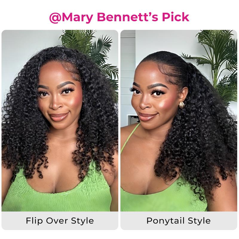Invisible Hairline Glueless Half Wig – 3-in-1 Kinky Curly Flip Over Wig with Ponytail & Bun Styles – Beginner Friendly Natural Look Wig